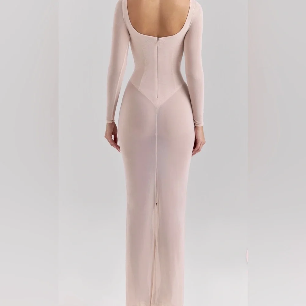 House of CB Pale Pink Sheer Long Sleeve Maxi Dress